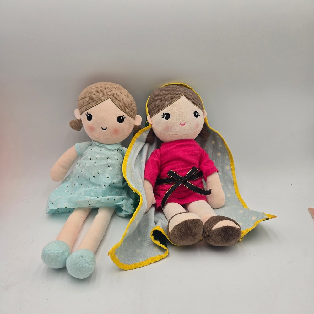 2 Linzy Toys Plush Rag Doll 1 Blue Floral Dress‎ 1 Pink Dress w/ Green Star Cape